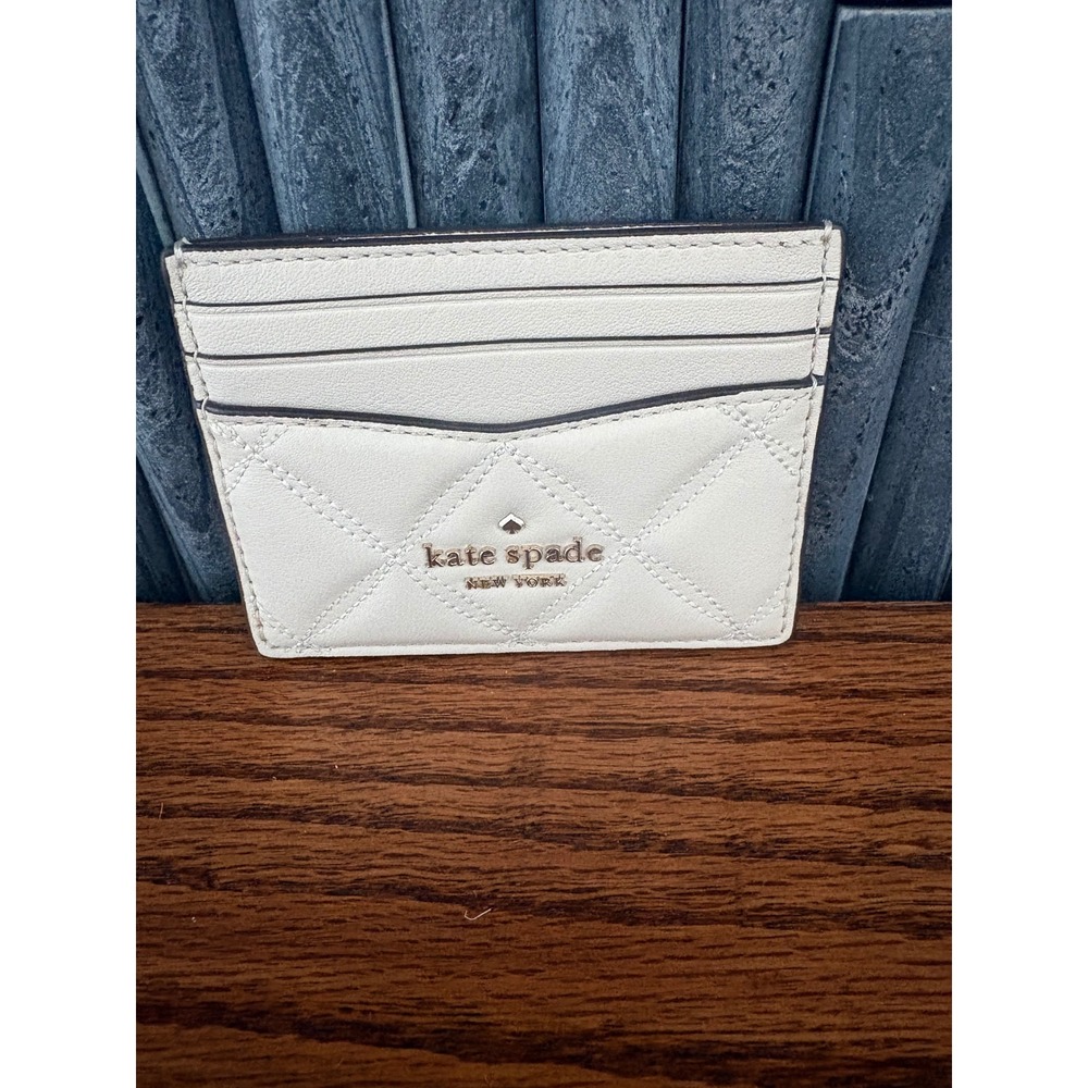 Kate Spade New York Quilted Leather Card Holder Cream with Gold Logo Slim Wallet